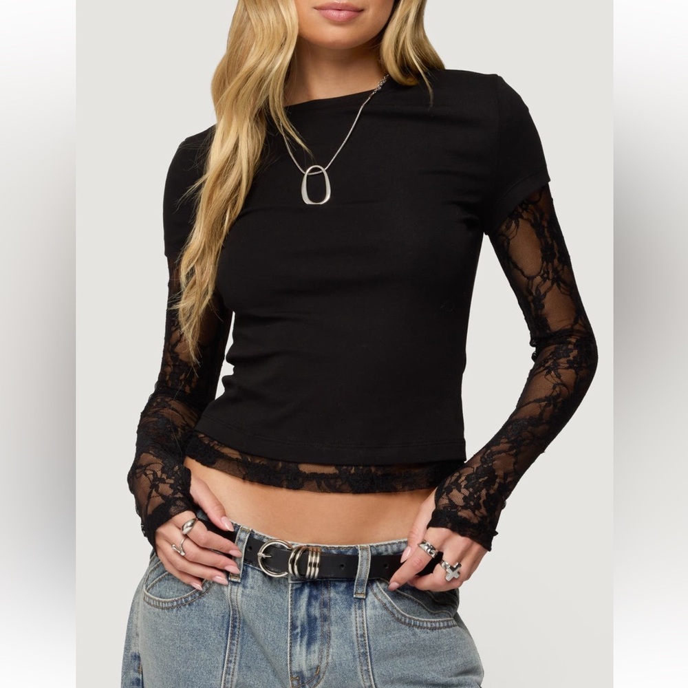 NWOT Edikted Black Layered Lace Sleeve T-Shirt